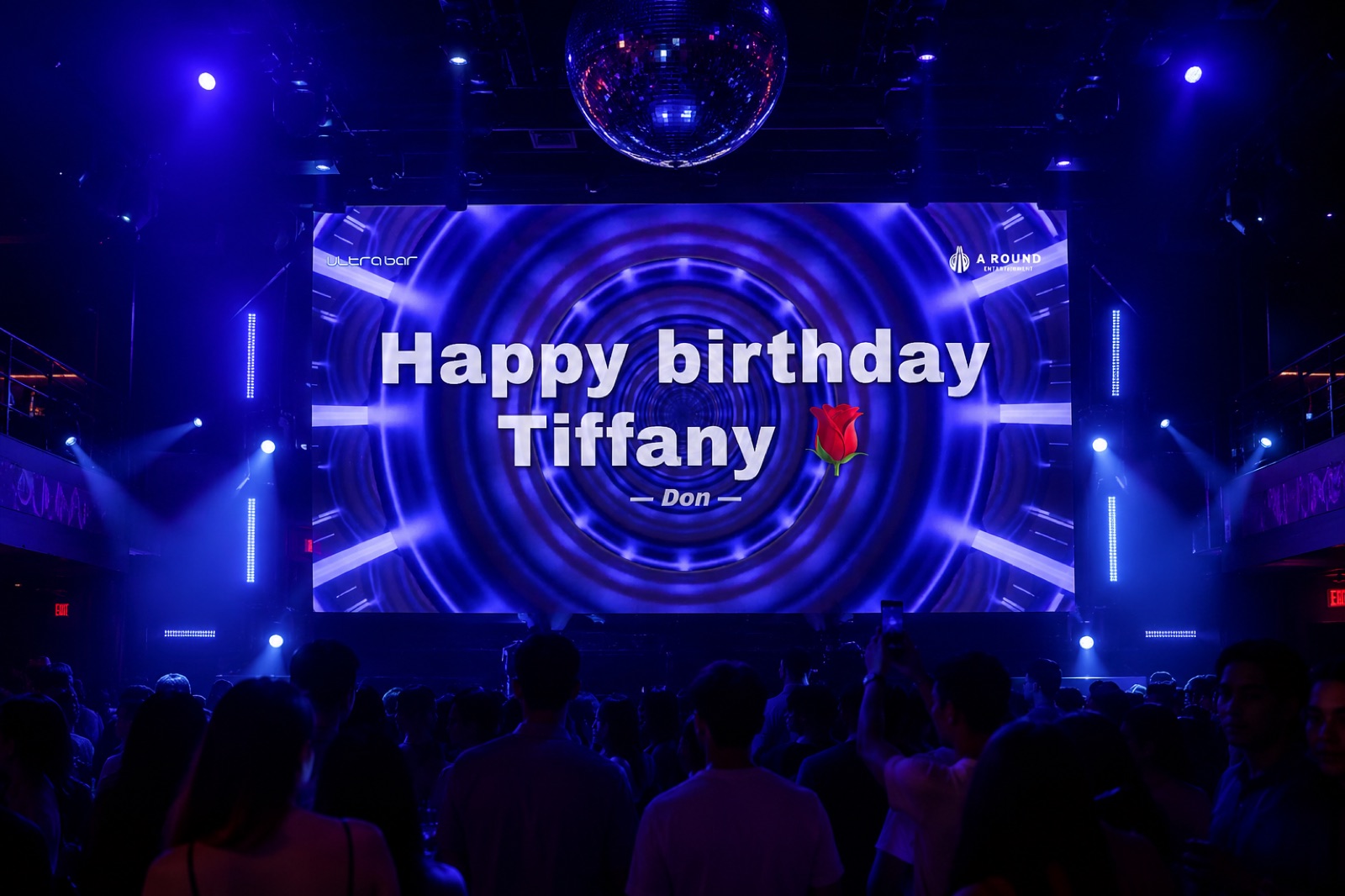 SYM showing a guest's birthday message on a nightclub LED wall